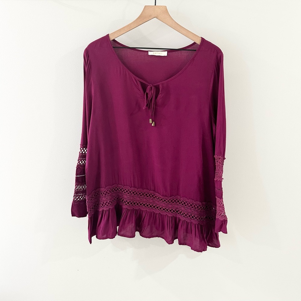 Entro Long Sleeve Crochet Detail Blouse Purple Size Medium
